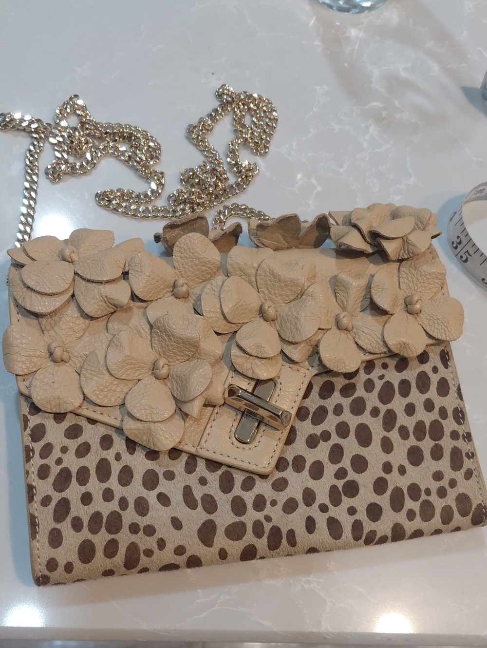 Floral Applique Calf Hair Leopard-Print Crossbody Bag in Beige - Picture 7 of 14
